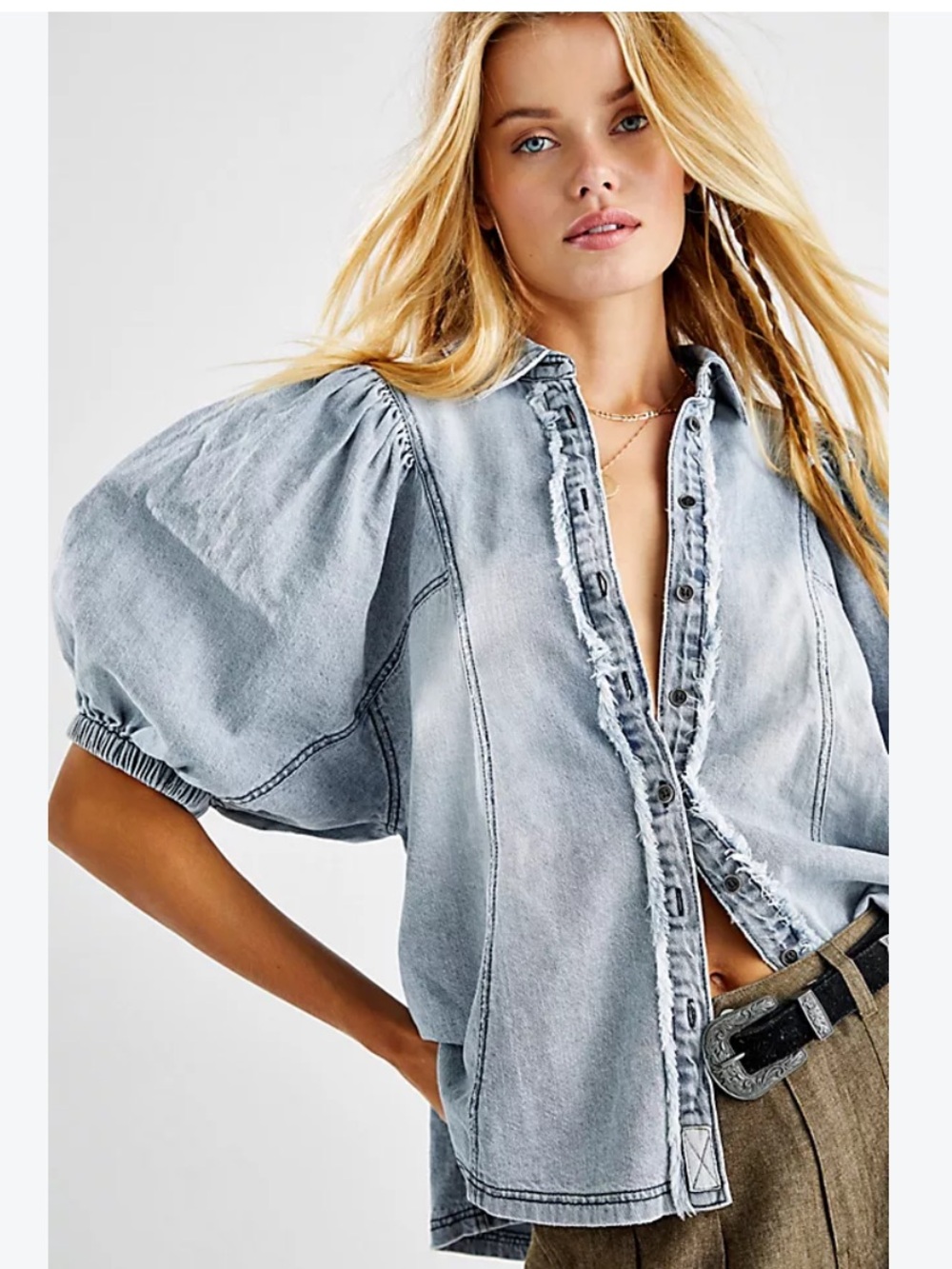 We The Free Acid-Wash Denim Puff Sleeve Button-Front Top - Light Blue